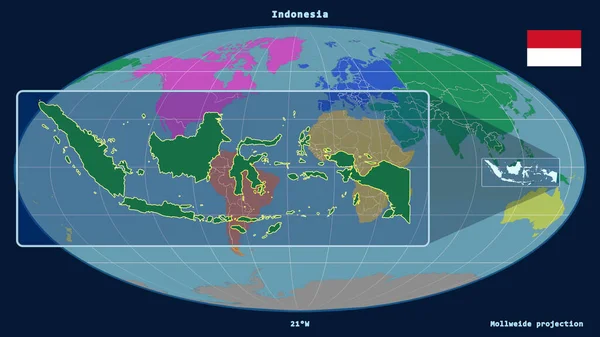 인도네시아의 윤곽은 웨이드 투영도의 지도에 선으로 장식되어 왼쪽에 형상이 있습니다 — 스톡 사진