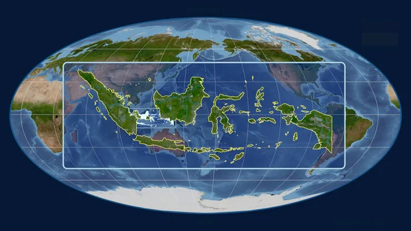 Zoomed-in view of Indonesia outline with perspective lines against a global map in the Mollweide projection. Shape centered. satellite imagery