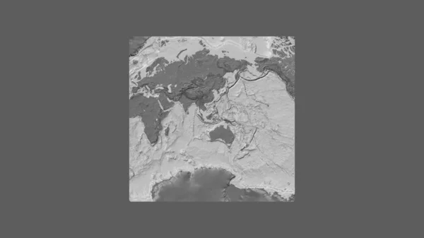 Square frame of the large-scale map of the world in an oblique Van der Grinten projection centered on the territory of Indonesia. Bilevel elevation map