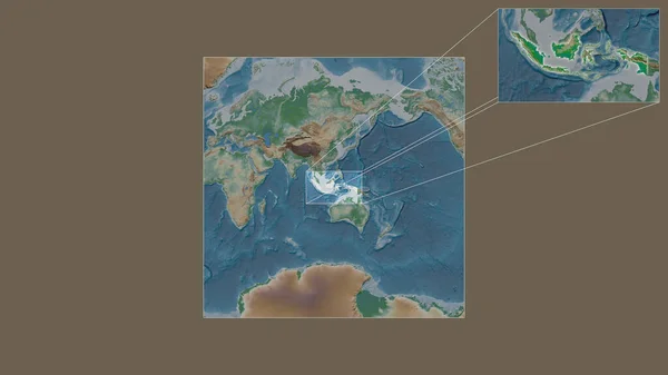 从世界大比例尺地图中提取出的印度尼西亚扩大和扩大的地区 其主要线连接了框架的各个角落 彩色物理图 — 图库照片