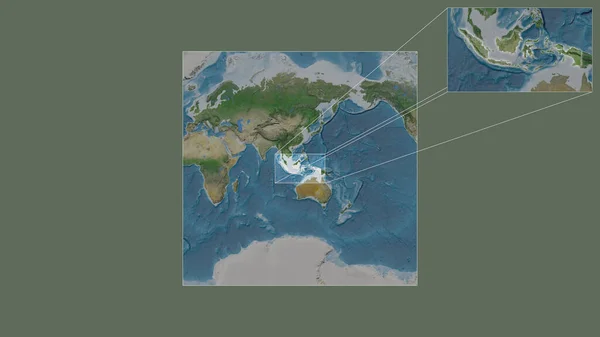 世界の大規模な地図から抽出されたインドネシアの拡大拡大領域と フレームの隅を結ぶ主要線 衛星画像 — ストック写真