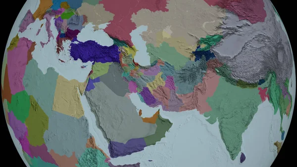 Iran zoomed and neighborhood. Colored and bumped map of the administrative division. 3D rendering