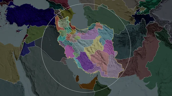 イランは拡大し 旋回した 行政区画の色と衝突した地図 3Dレンダリング — ストック写真