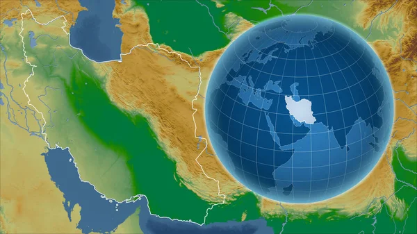 Iran Globo Con Forma Del Paese Contro Mappa Ingrandita Con — Foto Stock