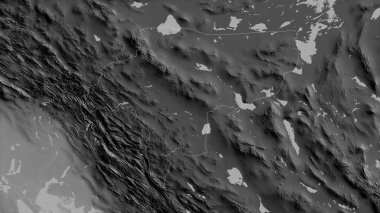 Esfahan, İran vilayeti. Gölleri ve nehirleri olan gri tonlu bir harita. Ülke alanına göre şekillendirilmiş. 3B görüntüleme