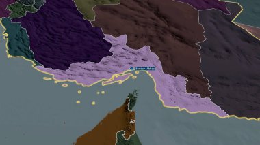 Hormozgan - İran eyaleti büyümüş ve sermaye ile vurgulanmıştır. İdari bölümün renkli ve çarpık haritası. 3B görüntüleme
