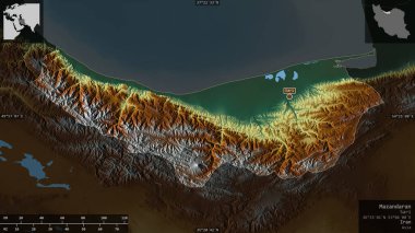 Mazandaran, İran eyaleti. Göller ve nehirlerle renkli rahatlama. Ülke alanına karşı bilgilendirici örtülerle sunulan şekil. 3B görüntüleme