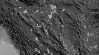 Yazd, İran Eyaleti. Gölleri ve nehirleri olan gri tonlu bir harita. Ülke alanına göre şekillendirilmiş. 3B görüntüleme