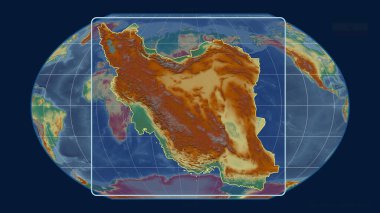 İran 'ın Kavrayskiy projeksiyonundaki küresel haritaya karşı perspektif çizgileriyle yakınlaştırılmış görüntüsü. Şekil merkezli. topografik yardım haritası