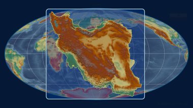 İran 'ın Mollweide projeksiyonundaki küresel haritaya karşı perspektif çizgileriyle yakınlaştırılmış görüntüsü. Şekil merkezli. topografik yardım haritası