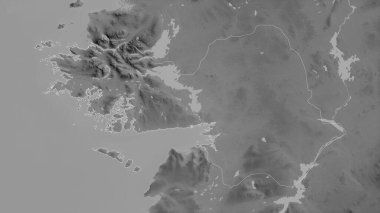 Galway, İrlanda Bölgesi. Gölleri ve nehirleri olan gri tonlu bir harita. Ülke alanına göre şekillendirilmiş. 3B görüntüleme