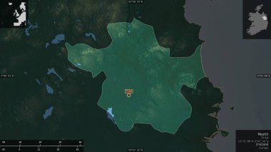 Meath, İrlanda Bölgesi. Göller ve nehirlerle renkli rahatlama. Ülke alanına karşı bilgilendirici örtülerle sunulan şekil. 3B görüntüleme