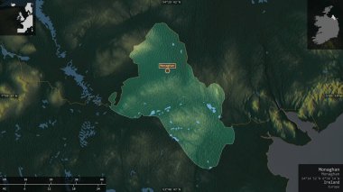 Monaghan, İrlanda Bölgesi. Göller ve nehirlerle renkli rahatlama. Ülke alanına karşı bilgilendirici örtülerle sunulan şekil. 3B görüntüleme