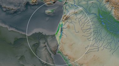 İsrail 'in genişletilmiş bölgesi çevresinin arka planında bir çember ile çevrili. Renk fiziksel haritası