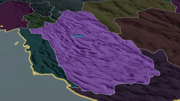 Фарс Провинция Ирана Масштабировалась Выделялась Капиталом Цветная Карта Административного Деления — стоковое фото