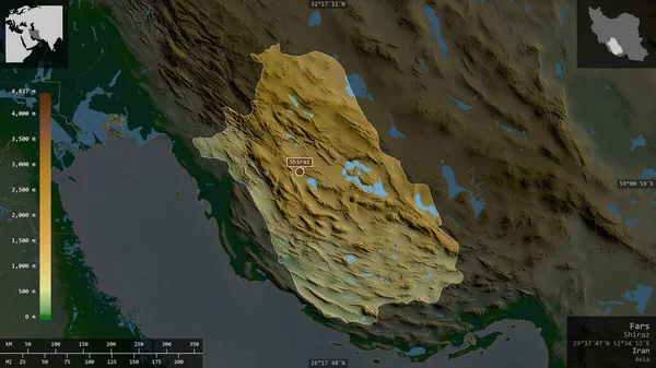 Fars Provincia Irán Datos Sombreado Colores Con Lagos Ríos Forma — Foto de Stock