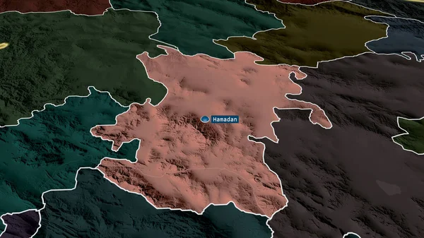 Hamadán Provincia Irán Zoomed Destacó Con Capital Mapa Coloreado Tocado — Foto de Stock