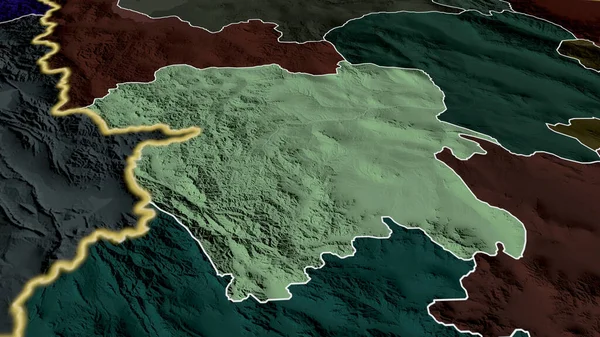 Kordestan Prowincja Iranu Powiększyła Się Podkreśliła Kolorowa Wyboista Mapa Podziału — Zdjęcie stockowe