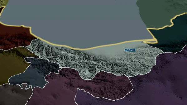 Mazandaran Provincie Iran Gezoomd Gemarkeerd Met Kapitaal Gekleurde Hobbelige Kaart — Stockfoto