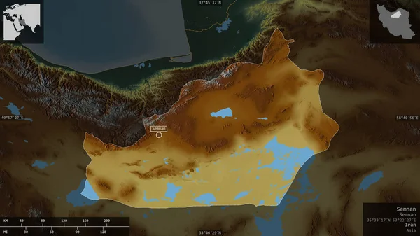 イランの州 センナン 湖や川と色の救済 有益なオーバーレイとその国の領域に対して提示形状 3Dレンダリング — ストック写真