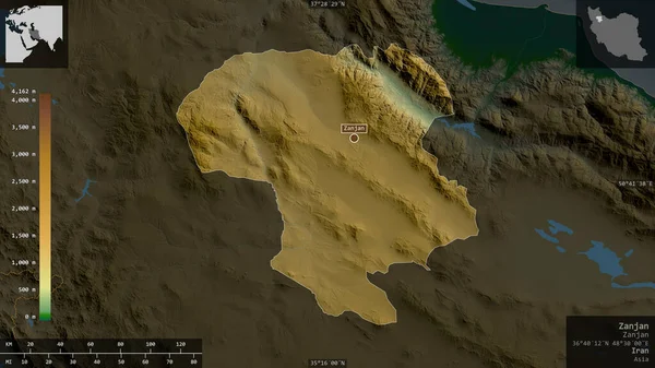 Zanjan Provincia Irán Datos Sombreado Colores Con Lagos Ríos Forma — Foto de Stock