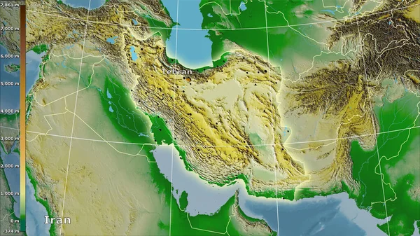 带有图例的立体投影中的伊朗区域内的物理地图 主要成分 — 图库照片