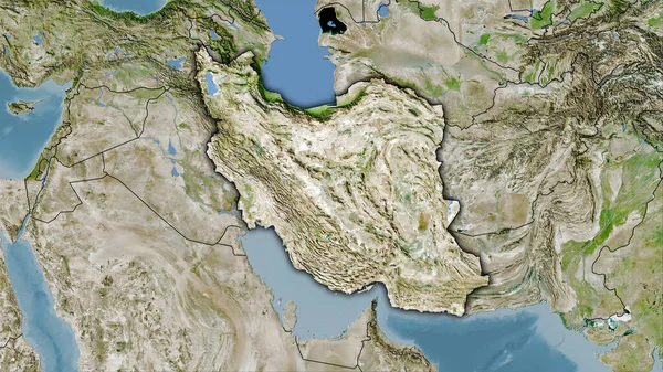 卫星上的伊朗地区立体投影中的地图A 带有暗发光轮廓的栅格层的原始成分 — 图库照片
