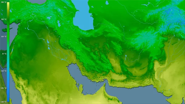 具有图例的立体投影中的伊朗地区年平均温度 栅层的原始成分 — 图库照片