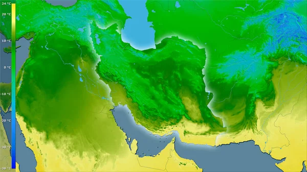具有图例的立体投影中伊朗地区最冷的地区的平均温度 具有发光轮廓的栅格层的原始成分 — 图库照片