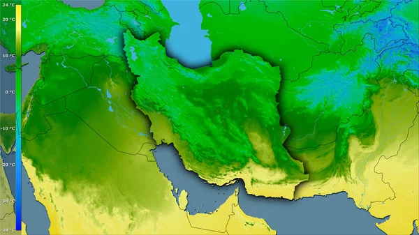 具有图例的立体投影中伊朗地区最冷的地区的平均温度 深色发光轮廓的光栅层的原始成分 — 图库照片