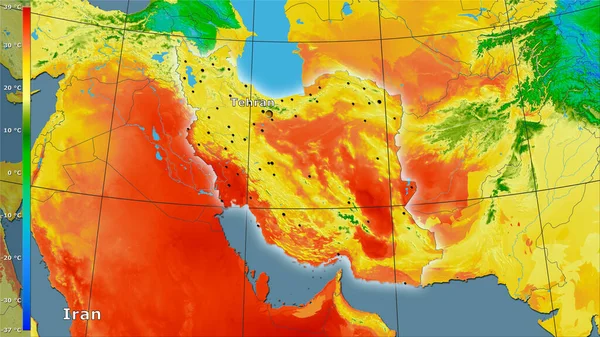 带有图例的立体投影中伊朗区域内最暖四分之一的平均温度 主成分 — 图库照片