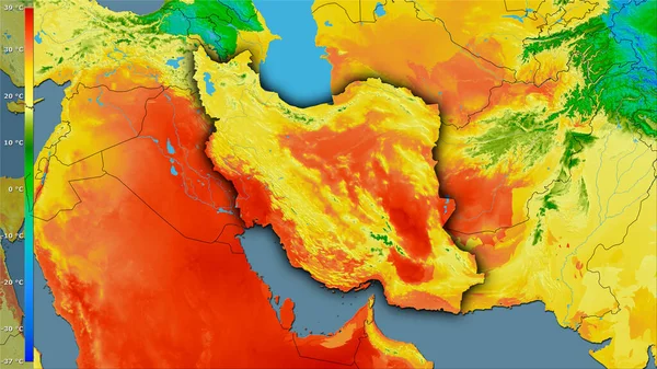 带有图例的立体投影中伊朗区域内最暖四分之一的平均温度 深色发光轮廓光栅层的原始成分 — 图库照片