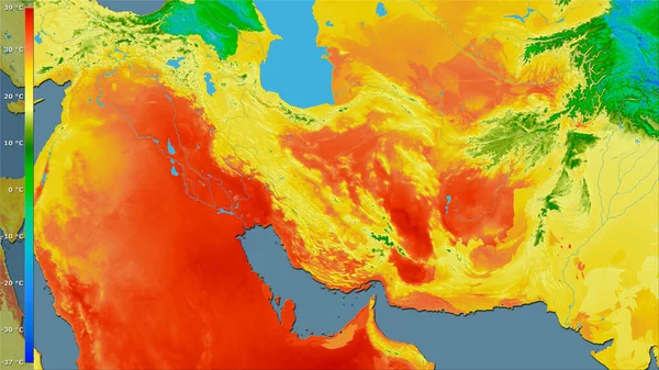 带有图例的立体投影中伊朗区域内最暖的四分之一的平均温度 栅层的原始成分 — 图库照片
