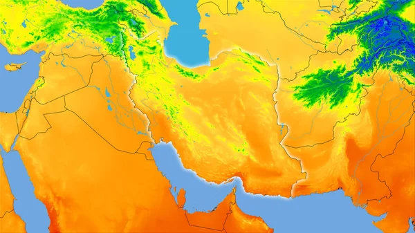 立体投影中的年度温度图上的伊朗区域 具有发光轮廓的栅格层的原始成分 — 图库照片