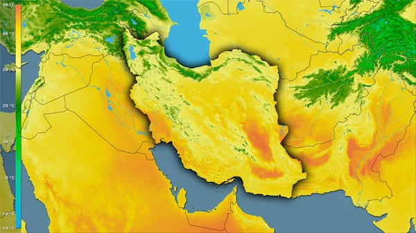 伊朗地区内带有图例的立体投影中最温暖月份的最高温度 带有深色发光轮廓的光栅层的原始成分 — 图库照片