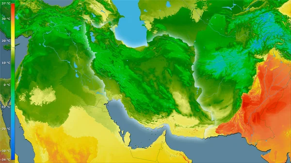 Średnia Temperatura Najcieplejszego Kwartału Rejonie Iranu Projekcji Stereograficznej Legendą Surowa — Zdjęcie stockowe