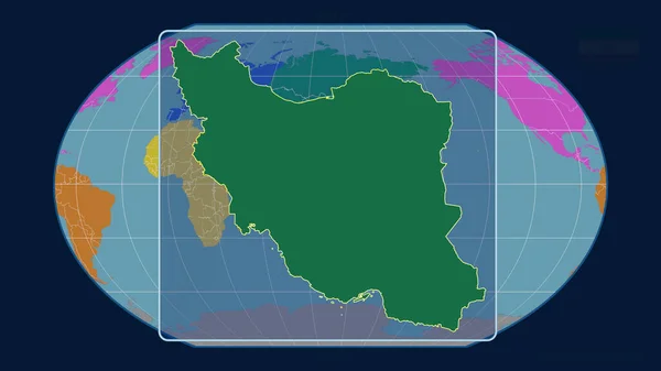 在Kavrayskiy投影中 用透视线将伊朗的轮廓与全球地图对齐 形体中心 各大洲的彩色地图 — 图库照片
