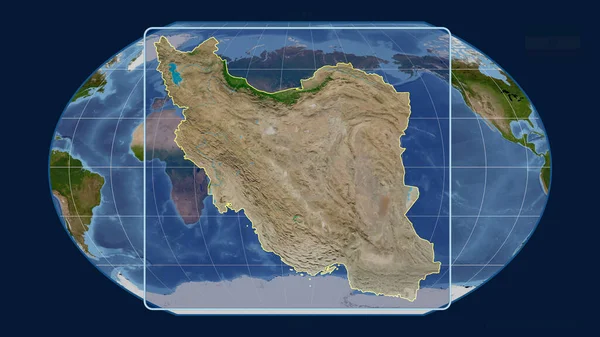 在Kavrayskiy投影中 用透视线将伊朗的轮廓与全球地图对齐 形体中心 卫星图像 — 图库照片