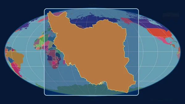 イランのアウトラインを視野線で拡大し モルルワイド予測の世界地図に対して 形を中心に 行政区画のカラーマップ — ストック写真