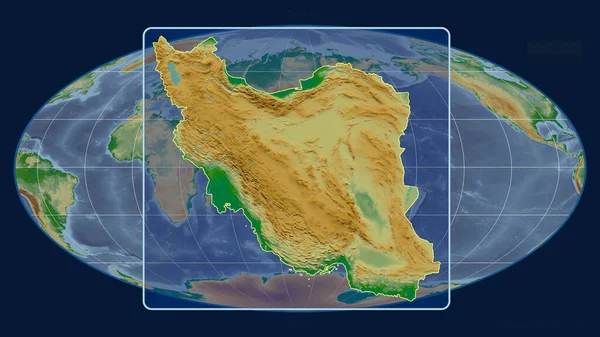 イランのアウトラインを視野線で拡大し モルルワイド予測の世界地図に対して 形を中心に 色物理図 — ストック写真