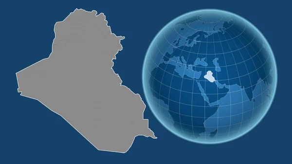 Irák Globe Tvarem Země Proti Zvětšené Mapě Obrysem Izolovaným Modrém — Stock fotografie