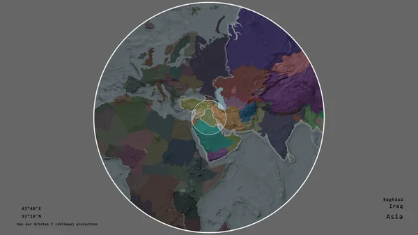 Oblast Iráku Označená Kruhem Rozsáhlé Mapě Kontinentu Izolované Odumřelém Pozadí — Stock fotografie