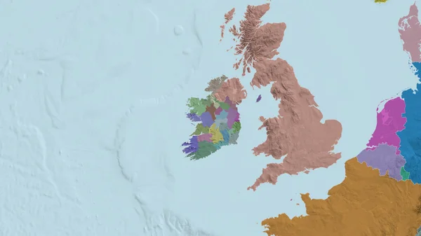 Ireland zoomed and neighborhood. Colored and bumped map of the administrative division. 3D rendering