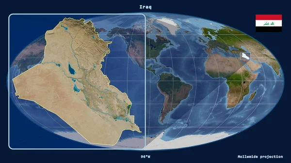Увеличенный Вид Ирака Перспективными Линиями Против Глобальной Карты Проекции Моллвейда — стоковое фото