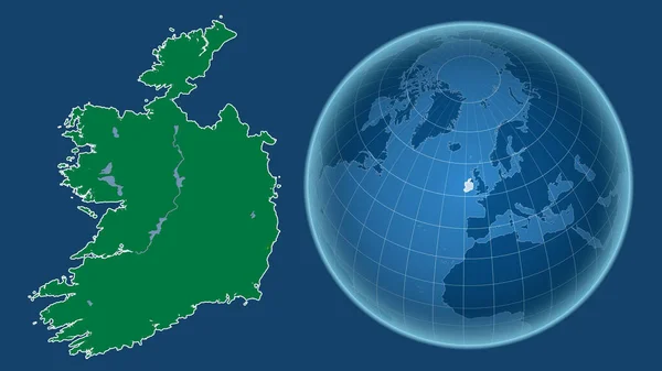 アイルランド 青い背景に孤立した輪郭を持つ拡大地図に対して 国の形をした球体 色物理図 — ストック写真