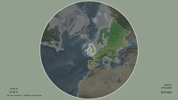 爱尔兰的一个区域 在该大陆的大比例尺地图上有一个圆圈 在绝望的背景下孤立起来 大写的地理推论和名称 卫星图像 — 图库照片