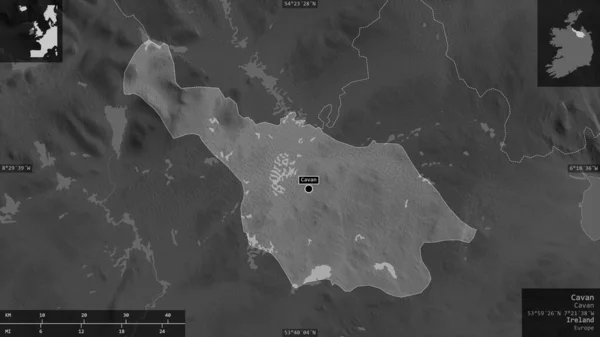 Cavan, county of Ireland. Grayscaled map with lakes and rivers. Shape presented against its country area with informative overlays. 3D rendering