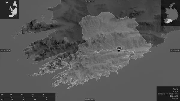 Cork Hrabstwo Irlandii Mapa Szarości Jeziorami Rzekami Kształt Przedstawiony Swoim — Zdjęcie stockowe