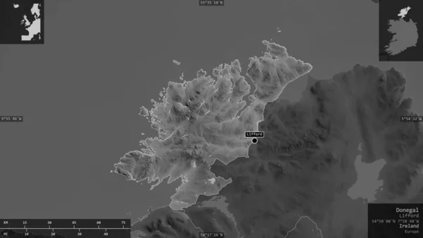 Donegal Hrabstwo Irlandia Mapa Szarości Jeziorami Rzekami Kształt Przedstawiony Swoim — Zdjęcie stockowe