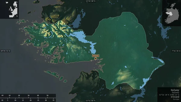 爱尔兰的高威郡五彩斑斓的湖泊和河流 以信息覆盖的形式呈现在其国家区域上 3D渲染 — 图库照片